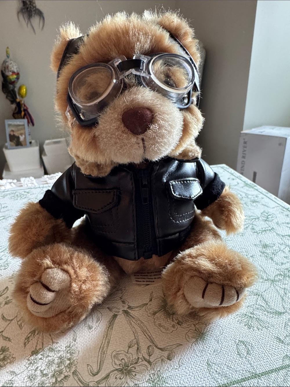 Plush Pilot Bear in Brown with Black Jacket and Goggles